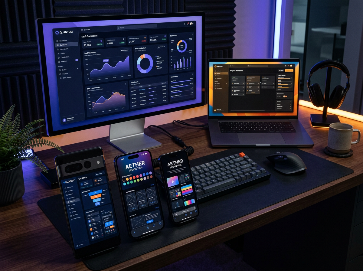Premium software product mockups styled on monitors and devices