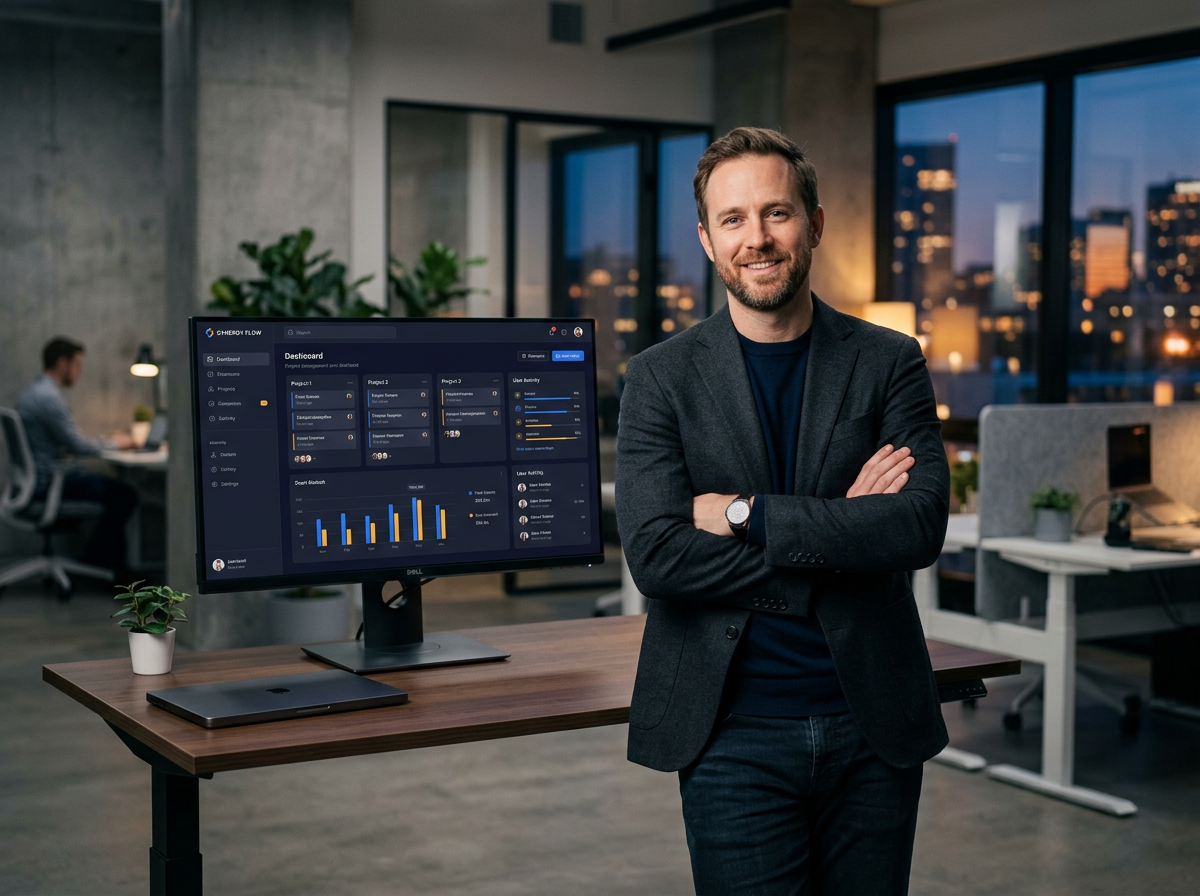 Professional brand photo of a SaaS founder with software product mockup