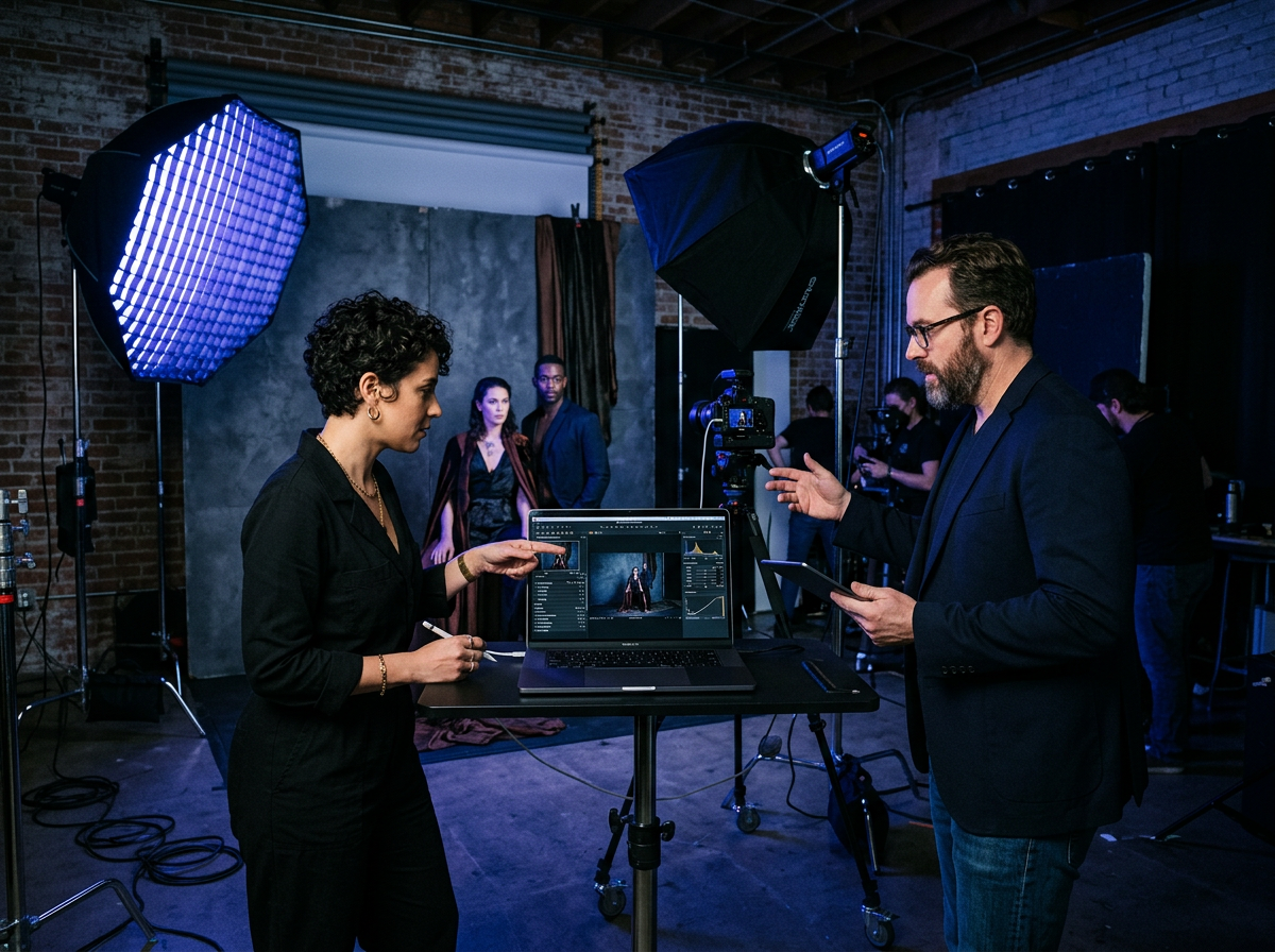 PixelForge creative directors Alex and Sofia styling a photo shoot